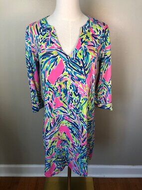 Lilly Pulitzer Rossmore Pima Cotton V Neck Dress Palm Reader Tropical Size M